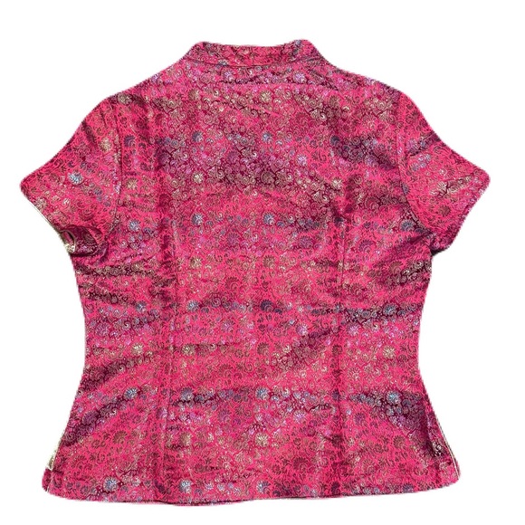 Traditional Womens Chinese Asian Summer Blouse Shirt Red Floral Frog Closure - Picture 3 of 9